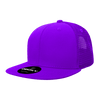 A purple high-profile structured trucker cap with a mesh back and a branded tag on the front.