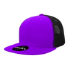 A purple high-profile structured trucker hat with a black mesh back and a logo on the front.