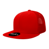 A red high-profile structured trucker cap with a mesh back and a round logo on the brim.