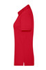 A red ladies traditional polo shirt displayed from the side, featuring a collar and short sleeves. It has a logo.