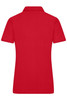A red ladies' traditional polo shirt featuring a classic design and a logo on the back.