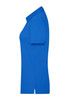 A blue ladies' traditional polo shirt with a collar and short sleeves, featuring a side view.