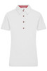 A white ladies' polo shirt featuring a checked pattern under the collar and buttons down the front; includes a logo.