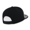 A black snapback hat featuring a patterned fabric on the front brim and a mesh back. There is a logo on the side.