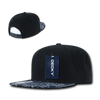 A high-profile structured snapback cap featuring a black body and a patterned blue bandanna brim, with a logo tag.