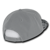 A grey snapback cap with a patterned brim and a plastic adjustable strap at the back. Features a logo.