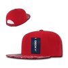 A red snapback cap featuring a patterned brim and a logo. The hat has a structured high profile design.