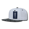 A white snapback cap with a patterned black brim and a logo label attached.