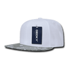 A structured bandanna snapback cap in white with a patterned grey brim and a branded tag.