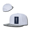 A white snapback hat with a patterned grey brim, featuring a logo. It has a structured six-panel design.
