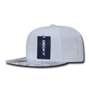 A white snapback cap with a structured high profile and a patterned black and white brim. It features a branding tag.