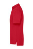 A red men's polo shirt displayed from the side, featuring short sleeves and a collar. It has a logo on the chest.