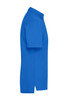 A blue men's traditional polo shirt featuring a collar, short sleeves, and a side split. It has a logo.