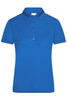 A blue ladies' polo shirt featuring a collar and button-up placket, with a logo on it.