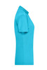 A turquoise ladies active polo shirt with a classic collar and short sleeves, featuring a logo.