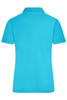 A bright aqua blue polo shirt with a collar, featuring a logo on the back. Perfect for active wear.
