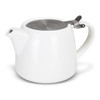 A white teapot with a stainless steel lid and spout. It has a sleek, modern design and includes a handle.