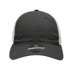 A black and white trucker cap featuring a mesh back and a logo on the front.