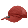 A relaxed trucker cap in rust red with a mesh back and a tag.