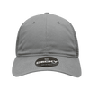 A grey 6 panel low profile relaxed trucker cap with a mesh back and a logo on the front.