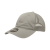 A grey low profile relaxed trucker cap with a mesh back and a logo on the front.
