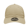 A beige 6 panel low profile relaxed trucker cap with an adjustable back and a logo on the front.