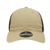 A low-profile relaxed trucker cap in khaki with a black mesh back and a logo.