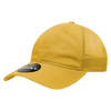 A yellow 6 panel low profile relaxed trucker cap with a mesh back and a logo on the front.