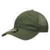 A relaxed low profile trucker cap in olive green with a mesh back and a logo.