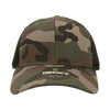 A camouflage trucker cap featuring a low profile, six panels, and a mesh back, complete with a logo.