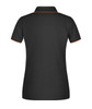 A black ladies' polo shirt with contrasting orange detailing on the collar and sleeves. It features a logo on the front.