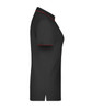 A black polo shirt with red detailing, featuring a classic collar and short sleeves, and a logo.