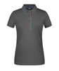 A grey ladies polo shirt featuring blue trim and a collar, with buttons down the front. It includes branding on the label.