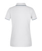 A white polo shirt with contrasting trim, featuring a collar and short sleeves. It has a logo on the upper back.