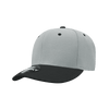 A grey cap with a black peak and a structured six-panel design, featuring a logo on the side.