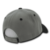A grey six-panel low profile structured cap featuring black accents and a mesh back.