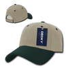 A beige and green 6-panel low profile structured cap with a tag and a rear mesh panel.