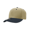A structured cap with a low profile, featuring a tan crown and a navy peak, complete with a logo on the side.