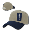 A low-profile structured cap in beige with a navy blue peak, featuring a logo and a tag.