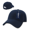 A navy blue 6 panel low profile structured cap with a logo and a tag attached.