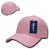 A pink 6 Panel Low Profile Structured Cap with a branding label on the side and a mesh panel at the back.