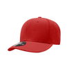 A red six-panel low profile structured cap with a branding logo on the side.