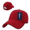 A red six-panel low profile structured cap with a tag and a rear mesh panel. It features a logo on the front.