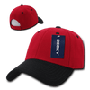 A red and black 6 Panel Low Profile Structured Cap with a branding tag and a rear view.