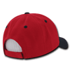 A red and navy 6-panel low profile structured cap with an adjustable strap at the back and a logo.