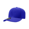 A blue 6 panel low profile structured cap with a tag, featuring a smooth fabric finish and a rounded crown.
