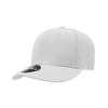 A white six-panel low profile structured cap with a curved brim and a logo on the tag.