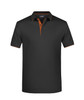 A black polo shirt with orange accents and a three-button placket. Features a logo on the chest.
