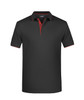 A black polo shirt with red accents and a collar, featuring buttons and a branding logo.
