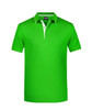 A bright green polo shirt featuring a contrasting white collar and branding.